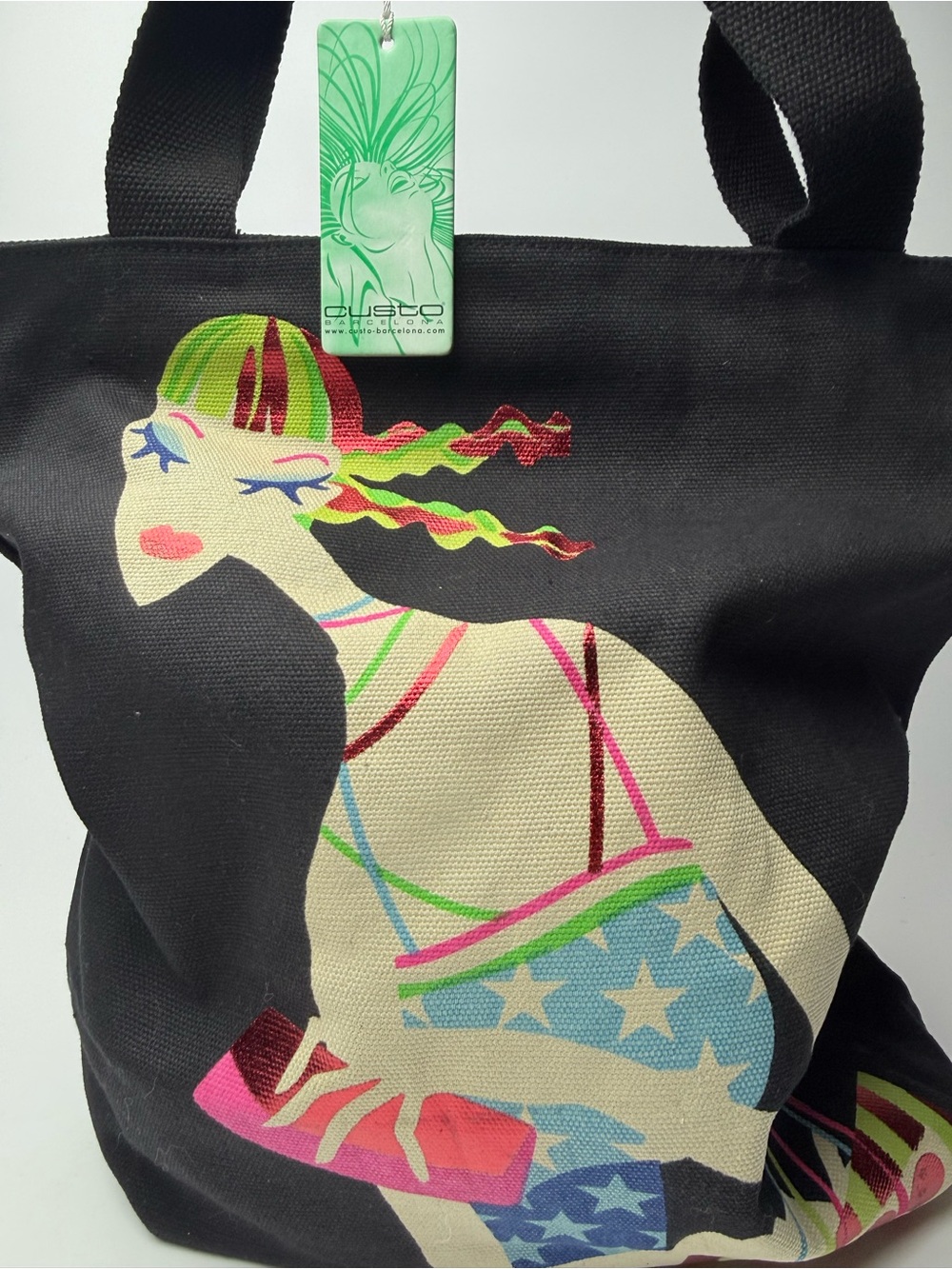 Custo Barcelona Black Canvas Graphic Tote Bag Colorful Art Print NWT
